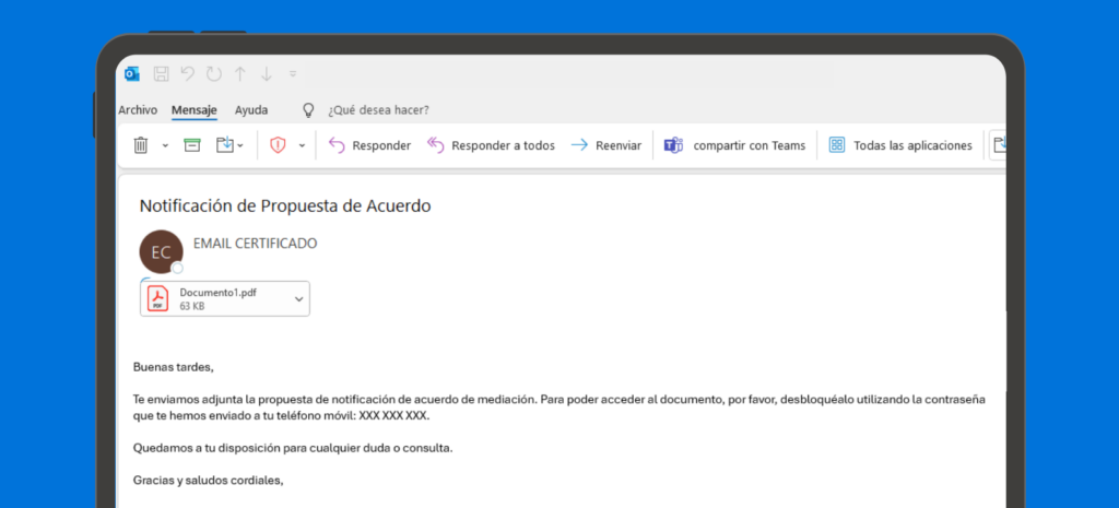 EL correo electrónico certificado acredita la puesta a disposición de la propuesta en el servidor del destinatario.