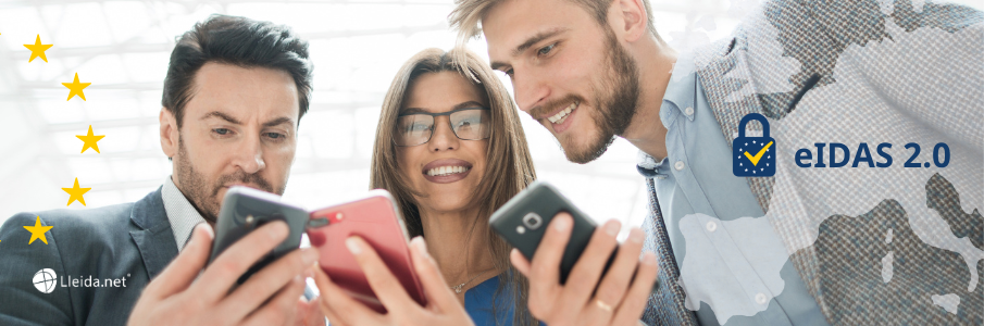 Ilustración conceptual de eIDAS 2.0 mostrando la Cartera Europea de Identidad Digital conectando empresas y ciudadanos en la Unión Europea