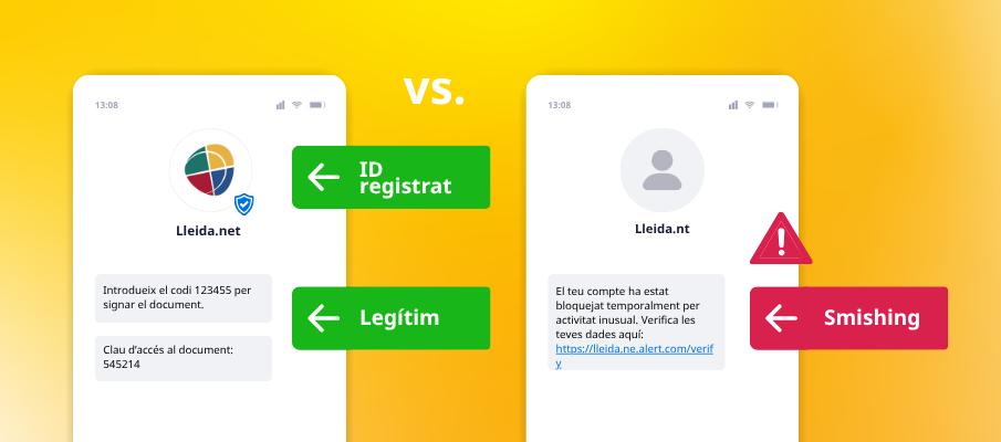 Comparativa SMS legítim després de registre d'àlies SMS amb Smishing