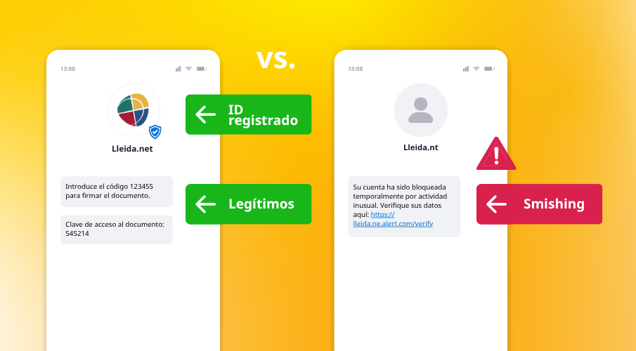 Comparativa entre un SMS legítimo con alias registrado y un SMS de smishing que suplanta la identidad de una empresa
