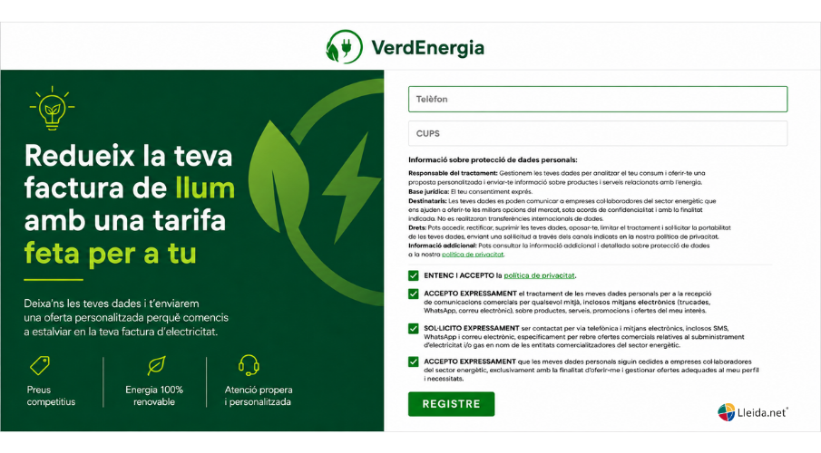Exemple de pàgina de destinació amb formulari per recaptar el consentiment previ del consumidor per poder realitzar trucades comercials.