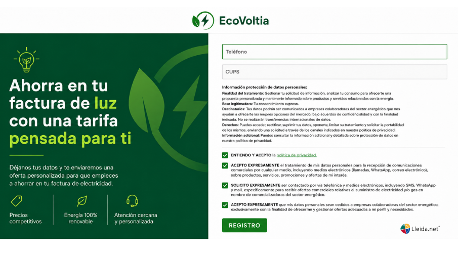 Ejemplo de landing con formulario para recabar el consentimiento previo del consumidor para poder realizar llamadas comerciales. 